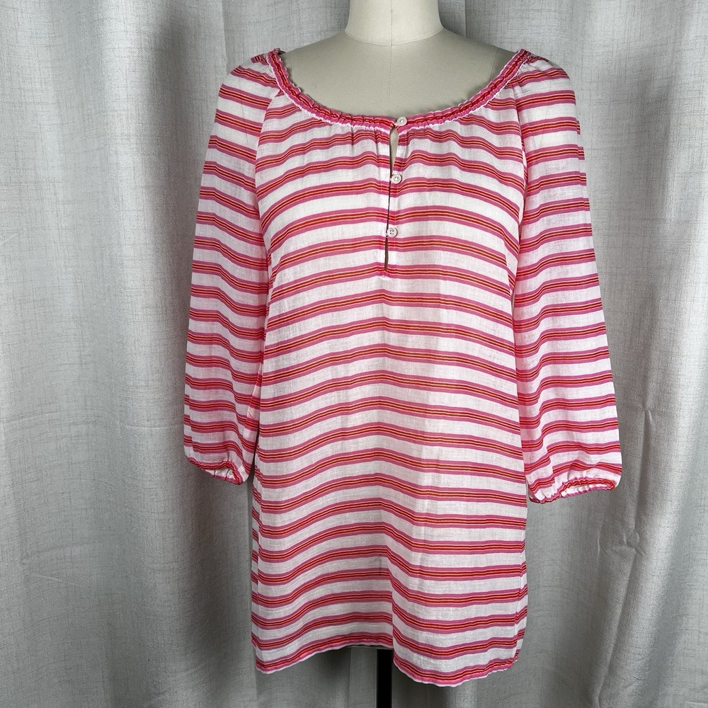 NEW! J Crew White Pink Orange Striped 1/4 Button Peasant Collar Tunic Top Sz XS‎